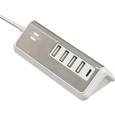 Brennenstuhl estilo USB Ladegerät mit Schnellladefunktion / Mehrfach USB Ladestation mit Edelstahloberfläche und 1,5m Textil-Kabel (1x USB C Power Delivery und 4x USB-Ladebuchse) 1508230