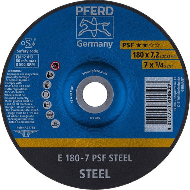 Schruppscheibe PSF STEEL D180xS7,2mm gekr.STA Bohr.22,23mm PFERD 62017634