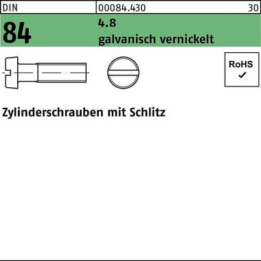 Zylinderschraube DIN 84/I SO 1207 Schlitz M3x12 4.8 galv. vernickelt 2000St. 000844300030012