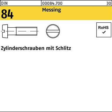 Zylinderschraube DIN 84/I SO 1207 Schlitz M4x 12 Me ssing 1000 Stück 000847000040012