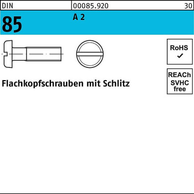 Flachkopfschraube DIN 85/ ISO 1580 Schlitz M3x 5 A 2 1000 Stück 000859200030005