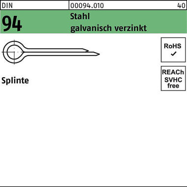 Splinte DIN 94/ISO 1234 1 ,2x 14 Stahl galv.verz. 1 000 Stück 000940100012014