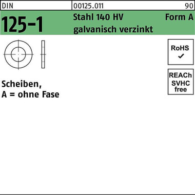 Unterlegscheibe DIN 125-1 A 7,4x14x1,6 Stahl 140 H V galv.verz. 100St. 001250119074000