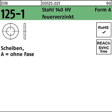 Unterlegscheibe DIN 125-1 A 8,4x16x1,6 Stahl 140 H V feuerverz. 100St. 001250219084000