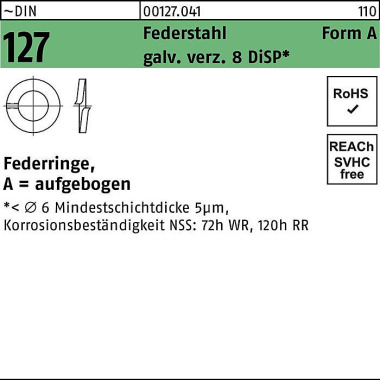 Federring DIN 127 A 20 Fe derstahl galv.verz. 8 DiS P 100 Stück 001270410200000