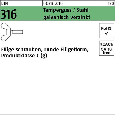 Flügelschraube DIN 316 M4 x 10 Temperguss/Stahl gal v.verz. 100 Stück 003160100040010