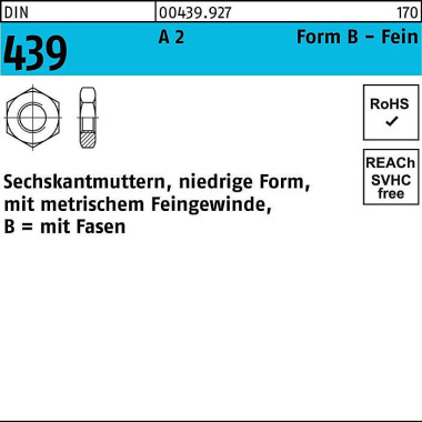 Sechskantmutter DIN 439/I SO 4035 FormB BM 10x 1 A 2 50 Stück 004399270100100