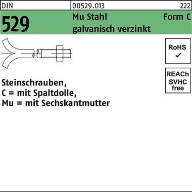 Steinschraube DIN 529 Spa ltdolle/6-ktmutter CM 16x 100 Mu 3.6 galv.verz. 25S t. 005290130160100