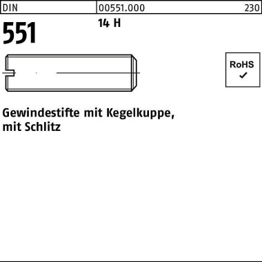 Gewindestift DIN 551 Kege lkuppe/Schlitz M3x 12 14 H 1000 Stück 005510000030012