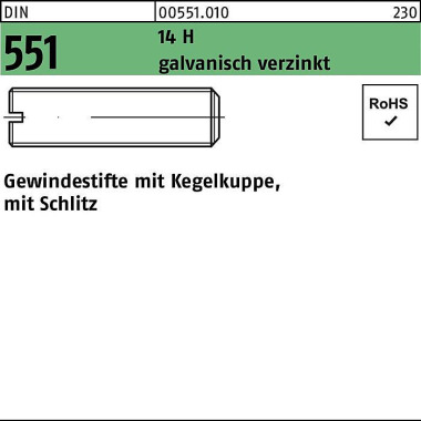 Gewindestift DIN 551 Kege lkuppe/Schlitz M3x10 14 H galv.verz. 200St. 005510100030010