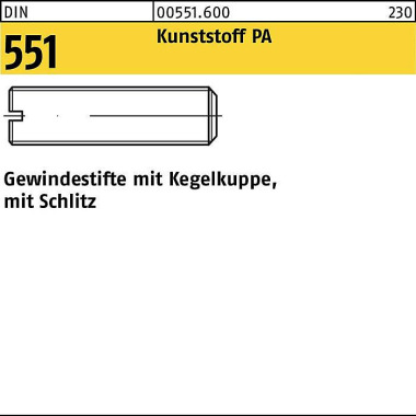 Gewindestift DIN 551 Kege lkuppe/Schlitz M4x 8 Poly amid 100 Stück 005516000040008