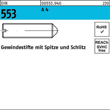 Gewindestift DIN 553 Schl itz/Spitze M8x 20 A 4 25 Stück 005539400080020