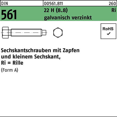 Sechskantschraube DIN 561 Zapfen AM 12x100 22 H (8 .8) galv.verz. SW17 25St. 005618110120100