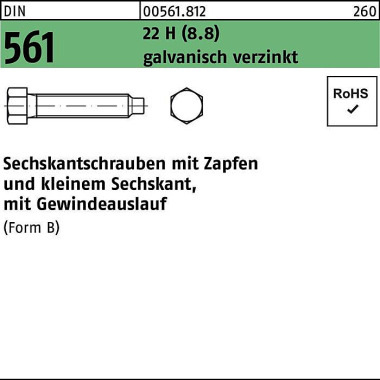 Sechskantschraube DIN 561 Zapfen BM 6x12 22 H (8.8 ) galv.verz. 100St. 005618120060012