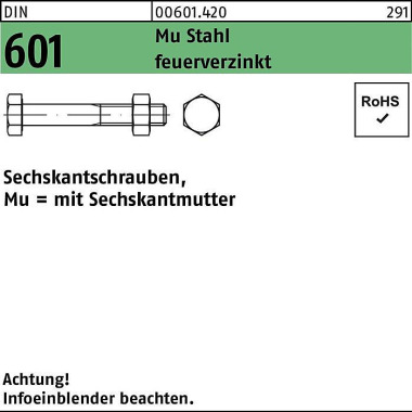 Sechskantschraube DIN 601 Sechskantmutter M10x25 M u Stahl 4.6 feuerverz. 20 0St. 006014200100025