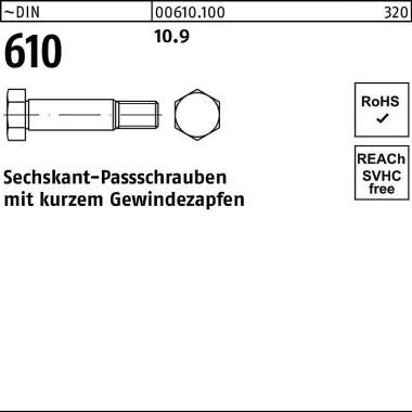 Sechskantpassschraube DIN 610 kurzem Gewindezapfen M12x 60 10.9 25 Stück 006101000120060