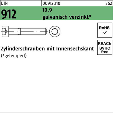 Zylinderschraube DIN 912 Innen-6kt M3x6 10.9 galv. verz. 500St. 009121100030006