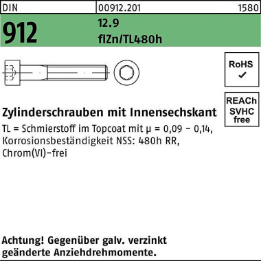 Zylinderschraube DIN 912 Innen-6kt M6x50 12.9 flZn nc 480h-L 200St. 009122010060050