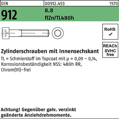 Zylinderschraube DIN 912 Innen-6kt M6x20 8.8 flZnn c 480h-L 500St. 009124530060020