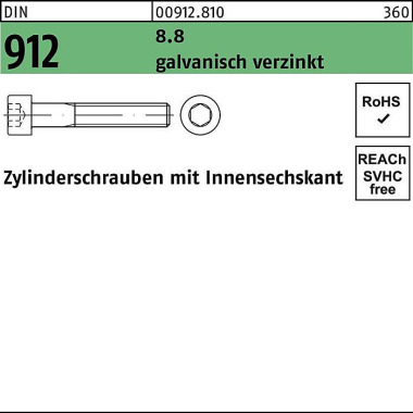 Zylinderschraube DIN 912 Innen-6kt M10x50 8.8 galv .verz. 100St. 009128100100050