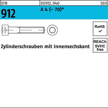 Zylinderschraube DIN 912 Innen-6kt M18x 120 A 4 (- 70) 1 Stück 009129400180120