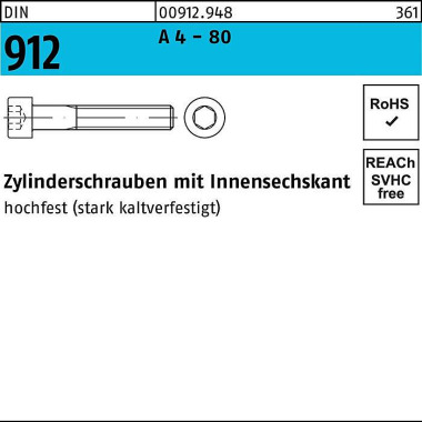 Zylinderschraube DIN 912 Innen-6kt M6x 10 A 4 - 80 100 Stück 009129480060010