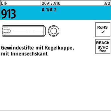 Gewindestift DIN 913 Kege lkuppe/Innen-6kt M16x 90 A 1/A 2 10 Stück 009139100160090