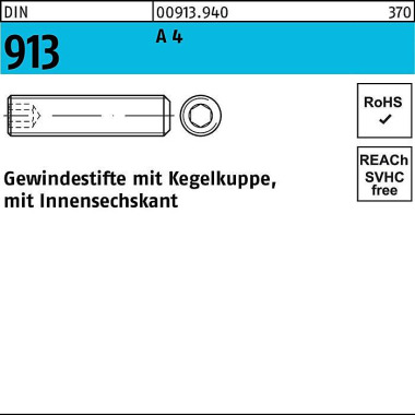 Gewindestift DIN 913 Kege lkuppe/Innen-6kt M20x 25 A 4 10 Stück 009139400200025