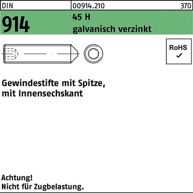 Gewindestift DIN 914 Spit ze/Innen-6kt M8x25 45 H g alv.verz. 200St. 009142100080025