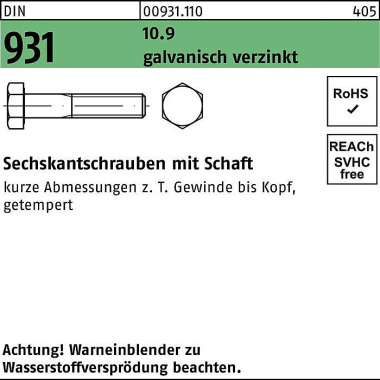 Sechskantschraube DIN 931 Schaft M6x 50 10.9 galv. verz. 200 Stück 009311100060050