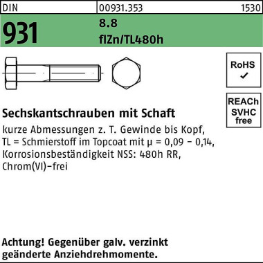 Sechskantschraube DIN 931 Schaft M8x80 8.8 flZnnc 480h-L 200St. 009313530080080