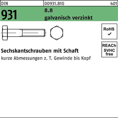 Sechskantschraube DIN 931 Schaft M5x 40 8.8 galv.v erz. 200 Stück 009318100050040