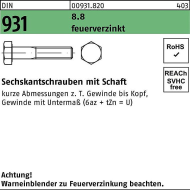 Sechskantschraube DIN 931 Schaft M12x 75 8.8 feuer verz. 50 Stück 009318200120075