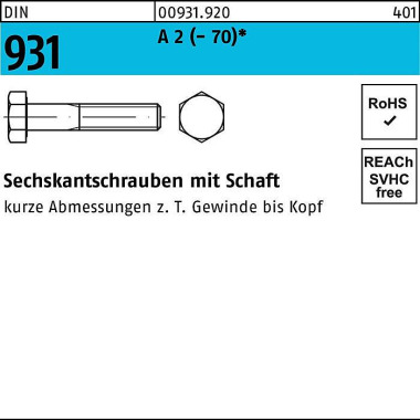 Sechskantschraube DIN 931 Schaft M5x 100 A 2 (- 70 ) 100 Stück 009319200050100