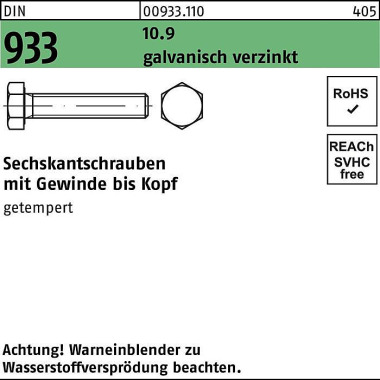 Sechskantschraube DIN 933 VG M8x 45 10.9 galv.verz . 200 Stück 009331100080045