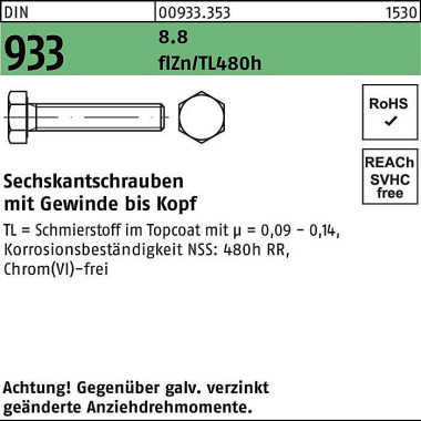 Sechskantschraube DIN 933 VG M6x12 8.8 flZnnc 480h -L 500St. 009333530060012