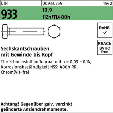 Sechskantschraube DIN 933 VG M6x20 10.9 zinkb. Gle itmittel flZnnc 480h-L 50 0St. 009333540060020