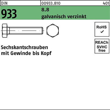 Sechskantschraube DIN 933 VG M5x 8 8.8 galv.verz. 500 Stück 009338100050008