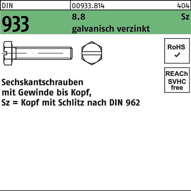 Sechskantschraube DIN 933 VG/Schlitz M8x 12 8.8 ga lv.verz. 200 Stück 009338140080012