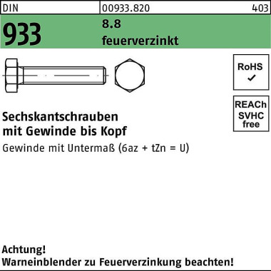 Sechskantschraube DIN 933 VG M6x 20 8.8 feuerverz. 500 Stück 009338200060020