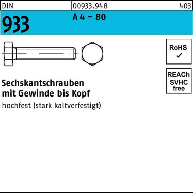 Sechskantschraube DIN 933 VG M12x 35 A 4 - 80 100 Stück 009339480120035