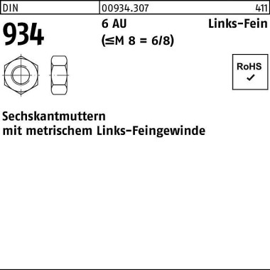 Sechskantmutter DIN 934 l inks M12x 1,5 -LH 6 Autom atenstahl 100 Stück 009343070120150