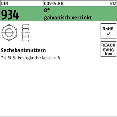 Sechskantmutter DIN 934 M 30 8 galv.verz. 25 Stück 009348100300000