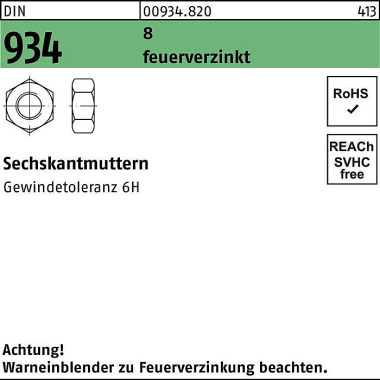 Sechskantmutter DIN 934 M 12 8 feuerverz. 100 Stück 009348209120000