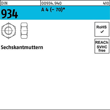 Sechskantmutter DIN 934 M 12 A 4 (- 70) 50 Stück 009349409120000