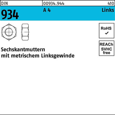 Sechskantmutter DIN 934 l inks M6 -LH A 4 (- 70) 10 0 Stück 009349440060000