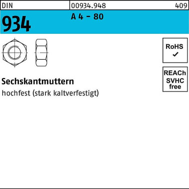 Sechskantmutter DIN 934 M 10 A 4 - 80 100 Stück 009349480100000