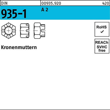 Kronenmutter DIN 935-1 M6 A 2 50 Stück 009359200060000