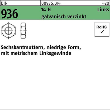 Sechskantmutter DIN 936 l inks M10 -LH 14 H galv.ve rz. 100 Stück 009360140100000