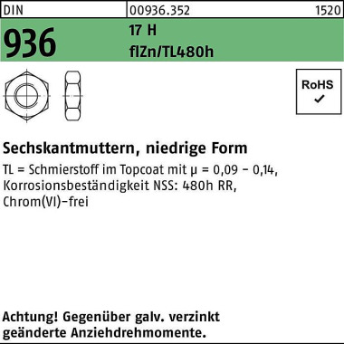 Sechskantmutter DIN 936 M 24 17 H flZnnc 480h-L 50 Stück 009363520240000